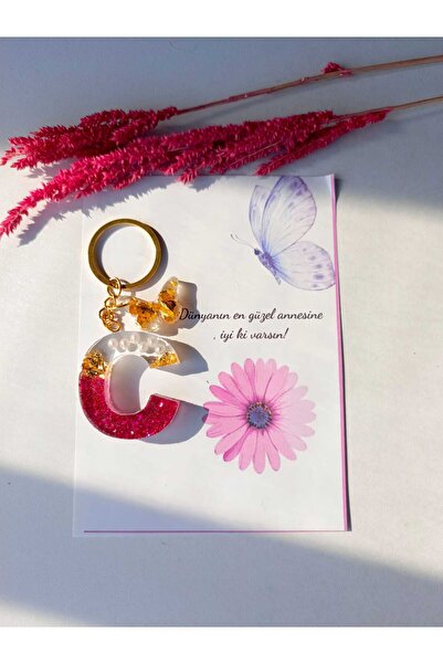 demirbasavm سلسلة مفاتيح إيبكسي مصنوعة يدويًا على شكل حرف C لعيد الأم