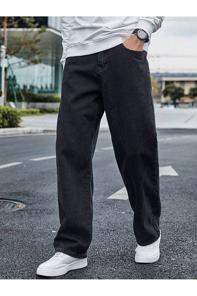 Cuqq Denim Men's Acid Wash Black Wide Leg Jeans Baggy Pants