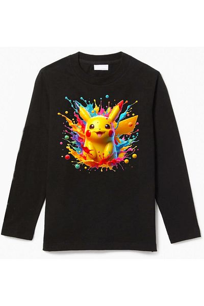 Efendioğlu Design Children's Long-Sleeved Pikachu Pokemon Color Back Printed Color Cotton T-Shirt