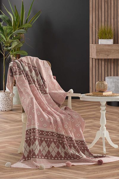 DOUX HOME Baklava Knitwear Braided Tv Blanket10 Pompon 130 X 170 (Pink)
