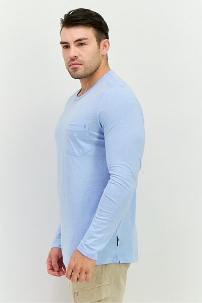 French Connection Men Crew Neck Long Sleeves Brand Logo Front Pocket T-shirt, Sky Blue