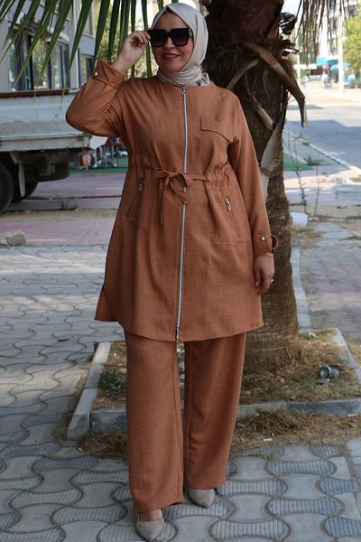 Eslina 47055 Σετ λινό Plus Size - Παντελόνι δεμένο μπροστά, Milk Coffee