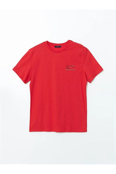 LC Waikiki Ανδρικό μπλουζάκι LCW ECO Red Crew Neck με στάμπα από βαμβακερό χτενισμένο βαμβάκι