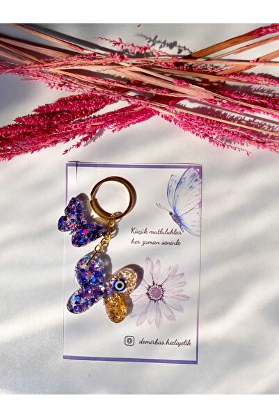 demirbasavm حلقة مفاتيح مصنوعة يدويًا على شكل فراشة إيبكسي