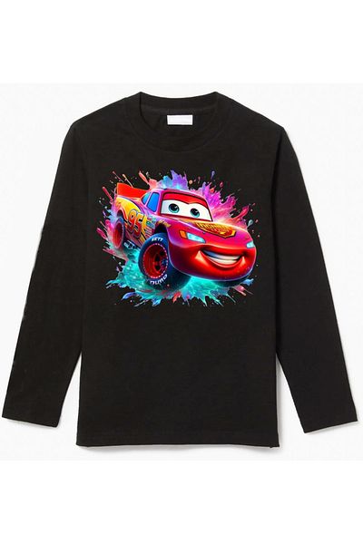 Efendioğlu Design Long-Sleeved Lightning Mcqueen Color Back Printed Color Cotton Children's T-Shirt