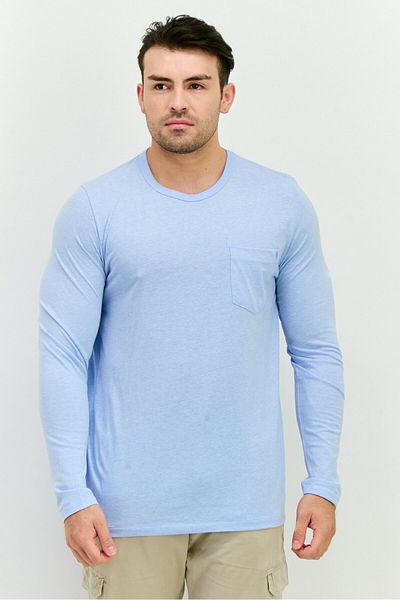 French Connection Men Crew Neck Long Sleeves Brand Logo Front Pocket T-shirt, Sky Blue