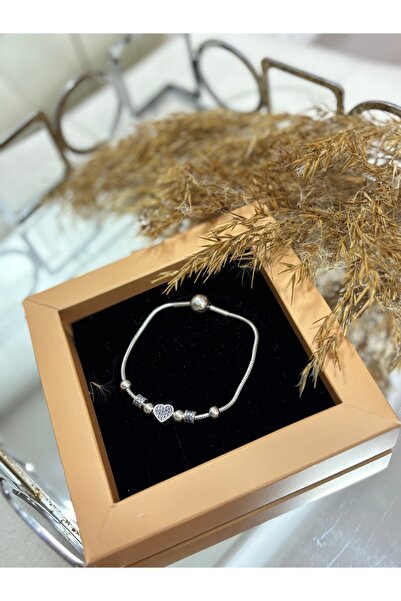 Silver 925 Ayar Gümüş Mini Kalpli Charm Kadın Bileklik / Kutulu Gönderim