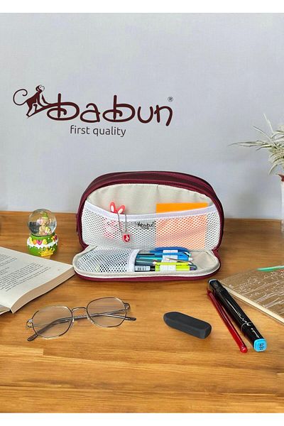 BABUN Efes Large Wide Vegan Leather Luxury Style Pencil Case Vintage Buttoned Pen Holder Makeup Bag