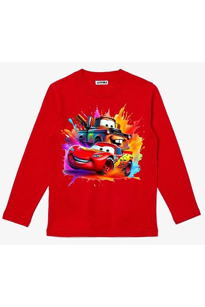 Efendioğlu Design تي شيرت قطني ملون للأطفال بأكمام طويلة مطبوع عليه Lightning McQueen and Mater