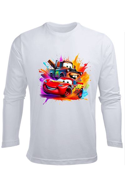 Efendioğlu Design Tricou pentru copii din bumbac colorat cu mânecă lungă cu imprimeu Lightning mcqueen și mater