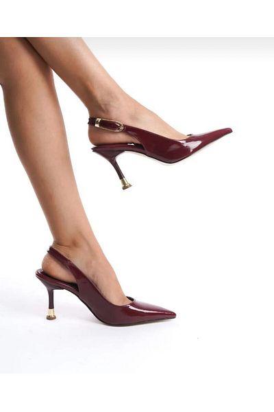 BENİM O AYAKKABI Women's Ovis Pointed Heeled Buckle Stiletto Shoes Burgundy Patent Leather 7 cm