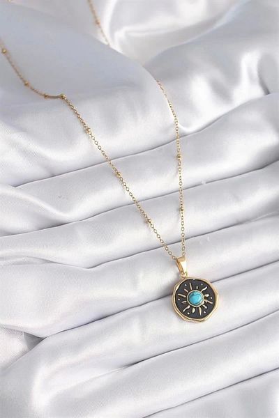 Store 316L Steel Gold Color Blue Bead Sun Engraved Medallion Model Women's Necklace