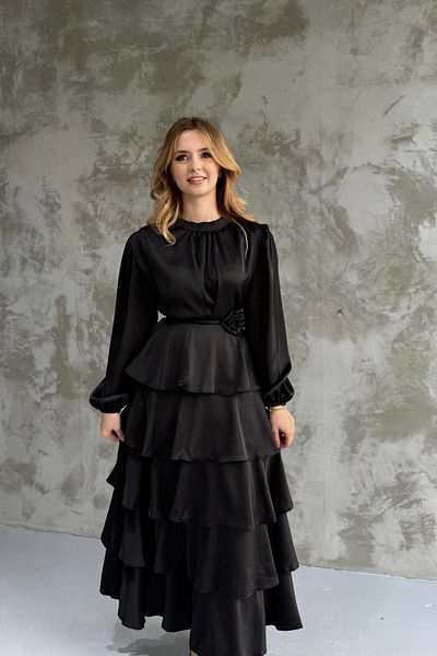 HELİS BUTİK Layered Black Rose Belt Detailed Satin Dress