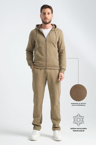 Shooter Khaki Men's Winter Tracksuit Set - Lamb and Hood, Minimal Logo, Regular Fit