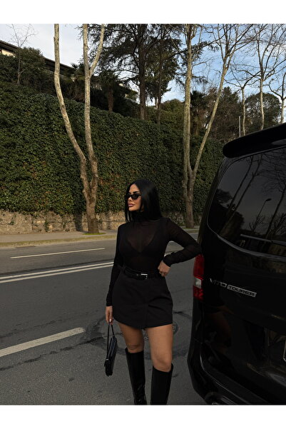 LB Laluna Butik Women's Black High Waist Pocket Belted Skirt with Shorts