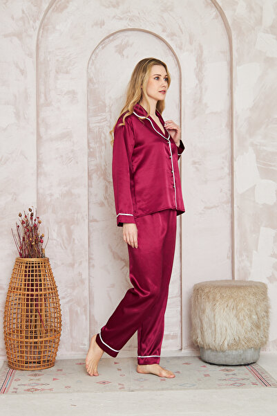 SATTENS İpeksi SATEN KADIN PİJAMA TAKIMI DÜZ DESEN BİYELİ PİJAMA ÇEYİZLİK Seti