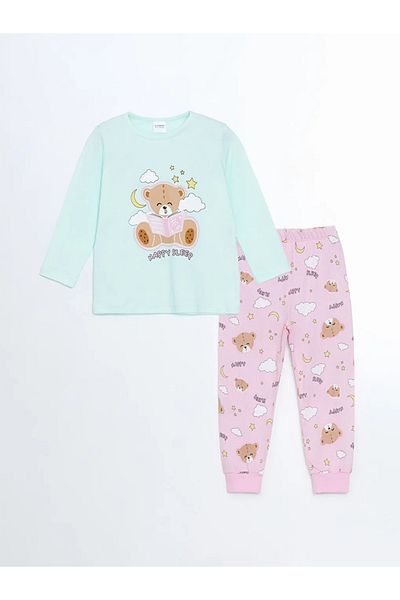 LC Waikiki Lcw Kids Turquoise Crew Neck Printed Girls' Pajamas Set
