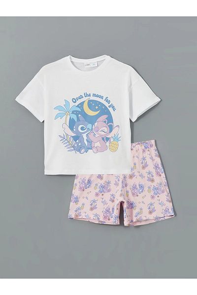 LC Waikiki Set de pijamale pentru fete LCW Kids, alb, cu decolteu, cu imprimeu Lilo și Stitch
