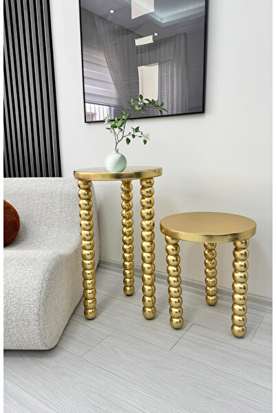 ASELYA HOME Ahşap 2’li Set Boncuk Ayaklı Yan Sehpa Modern Altın Renk Varak Je...