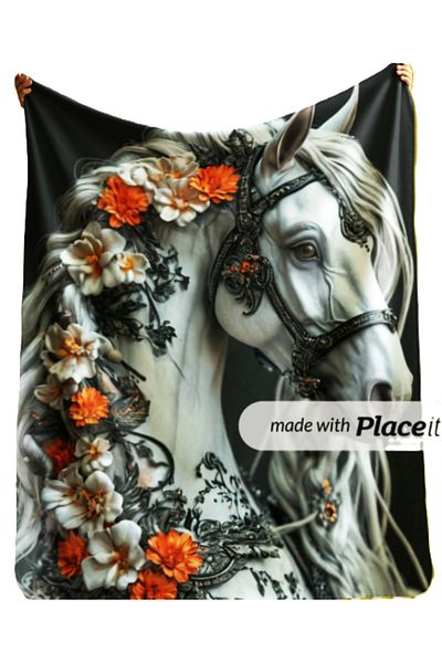 Elmas Dizayn 150X220 cm Special Design Tv Sofa Bed - Blanket, Stain-Proof Antibacterial, Horse and Flower Pattern