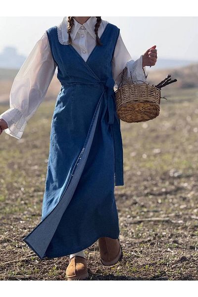 OlaLady Rochie Salopet pentru femei, cu bretele groase, cu cravată laterală, blugi din denim