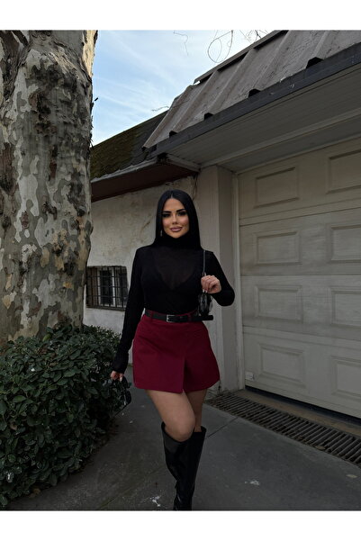 LB Laluna Butik Women's Burgundy High Waist Pocket Belted Skirt with Shorts