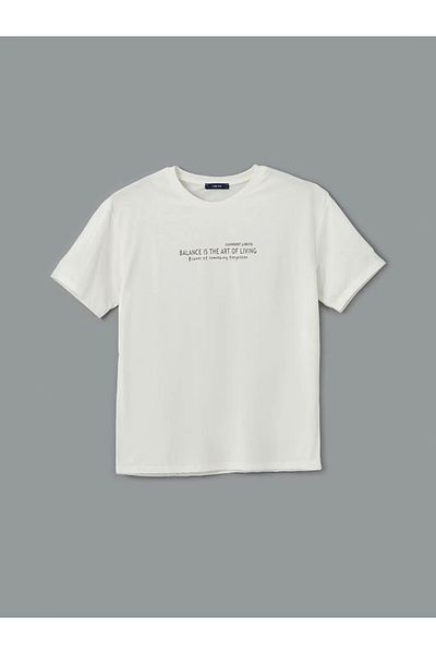 LC Waikiki Ανδρικό μπλουζάκι LCW ECO Ecru Crew Neck με στάμπα από βαμβακερό χτενισμένο βαμβάκι