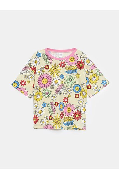 LC Waikiki Lcw Kids Yellow Crew Neck Floral Girls' Shorts Pajamas Set