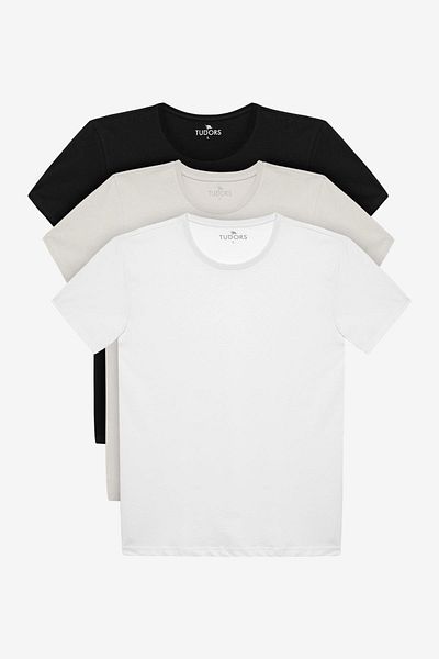 Tudors Унисекс 3 пакета черно-бяло-каменен цвят Slim Fit Slim Cut 100% памучна тениска с кръгло деколте