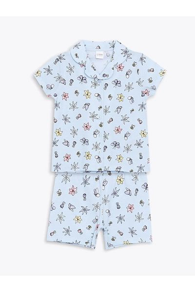 LC Waikiki Set de pijamale pentru fete cu imprimeu albastru LCW Kids cu pantaloni scurți