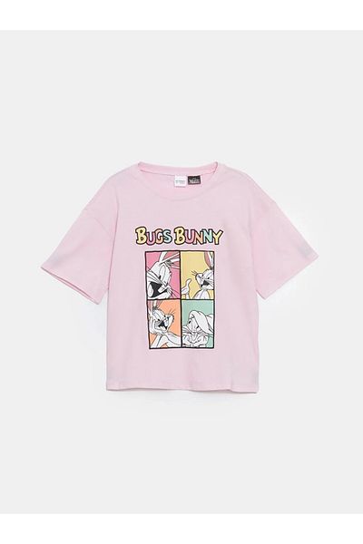 LC Waikiki Lcw Kids Pink Crew Neck Bugs Bunny Printed Girls' Pajamas Set with Shorts