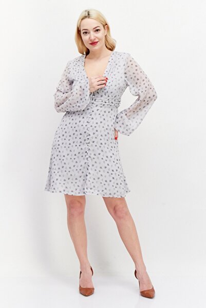 NA-KD Women Allover Print Mini Dress, Light Grey Combo