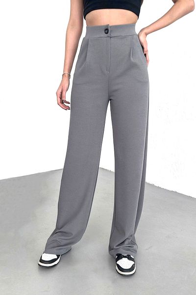 Warasiva Gray High Waist Lycra Palazzo Women's Trousers - Pleated and Buttoned