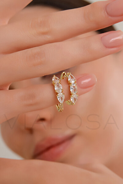 VIALOSA Premium Damla Kesim Zirkon Taşlı Gold Kadın Çelik Küpe