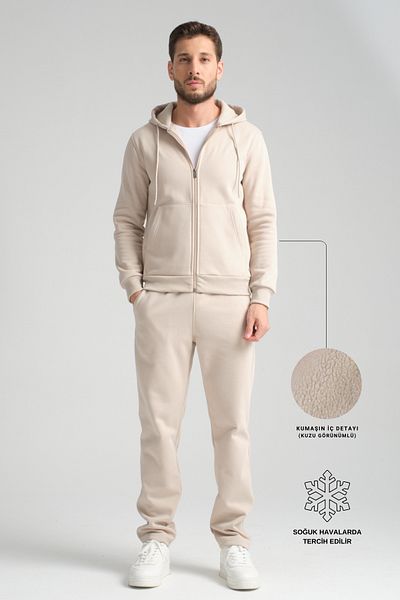 Shooter Men's Beige Winter Tracksuit Set - Lamb Hoodie, Regular Fit, Minimal Logo, Hoodie