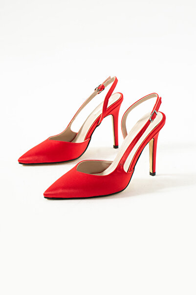 es exello Red Satin Shoes with Open Back High Thin Heels
