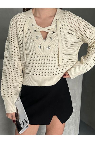 FERZOLAİO Openwork Summer Ecru Knitwear Sweater with Lace Front