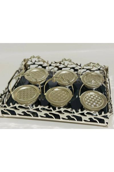 Fiyakalı Ürünler Atölyesi 6-Piece Silver Ribbon Turkish Delight Bowl, Tea and Coffee Bowl, Metal Sugar Bowl, Macaron Bowl