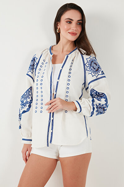 Lela Вишита сорочка з бавовняної тканини з V-подібним вирізом та оверсайз-кроєм СОРОЧКА 676242