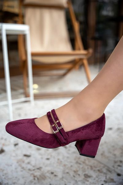 LamintaGlobal Betina Burgundy Suede Double Buckle Detailed Thick Heeled Shoes