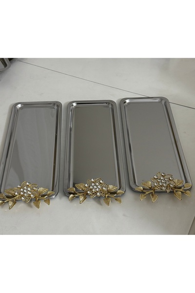 Elzemm store ÇELİK DİKDÖRTGEN MODEL 6 ADET BÜYÜK PAPATYA TAŞLI SUNUM TEPSİSİ