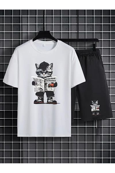 FULL TOLERANCE Yd Design Journalist Cat Printed Unisex Oversize Shorts T-Shirt 2-Piece Set
