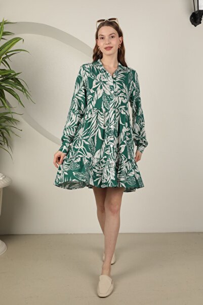BEEMU Gıronda Viscose Fabric Leaf Pattern Short Dress-Green