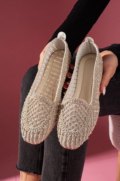 FUGA MODA Celina Beige Oval Saddler Embroidered Knitwear Ballerinas