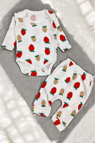 dinamik çocuk Strawberry Report Printed Ribbed Baby Girl Set with Snap Fasteners 100% Cotton 2-Piece Bottom Top 0-3-6-9Months