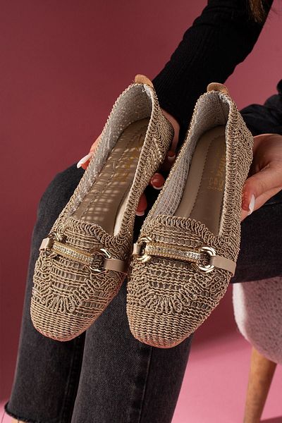 FUGA MODA Celino Mink Stone Buckle Oval Saddle Embroidered Knitwear Ballerinas
