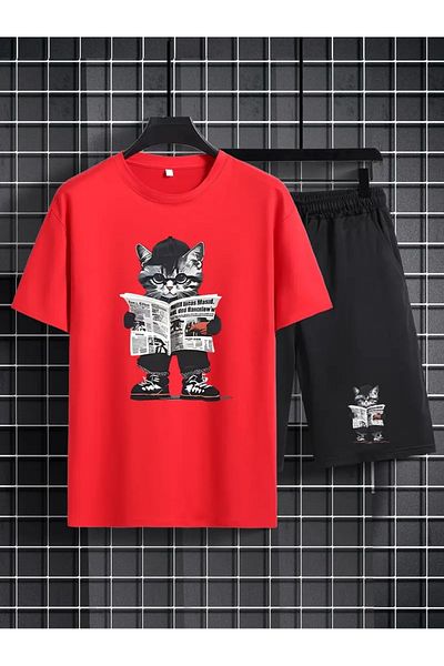 FULL TOLERANCE Yd Design Journalist Cat Printed Unisex Oversize Shorts T-Shirt 2-Piece Set