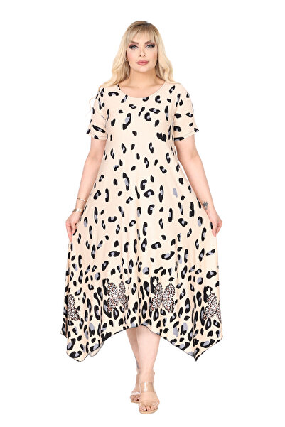 MELSAY Women's Plus Size Short Sleeve Asymmetrical Beige Juicy Leopard Print Dress