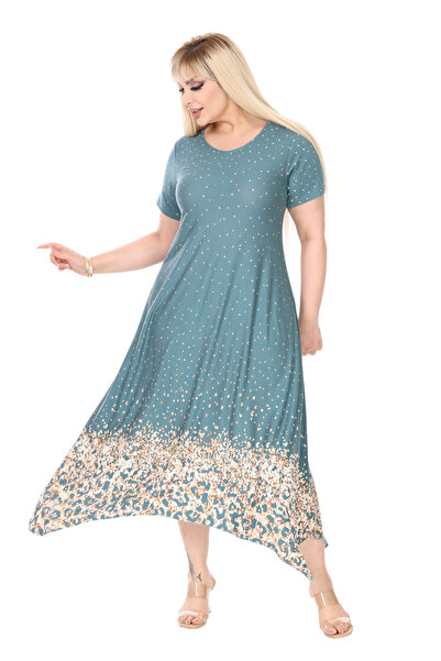 MELSAY Women's Short Sleeve Asymmetrical Green Polka Dot Hem Leopard Print Plus Size Dress