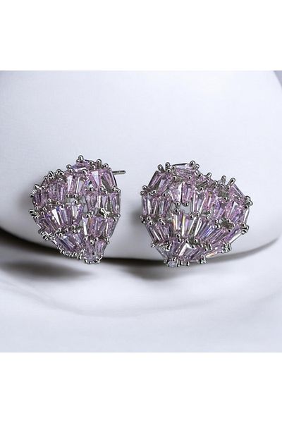 Mesan Accessory Trend Women's Steel Color Throw-Heart Zircon Baguette Pink Stone Earrings